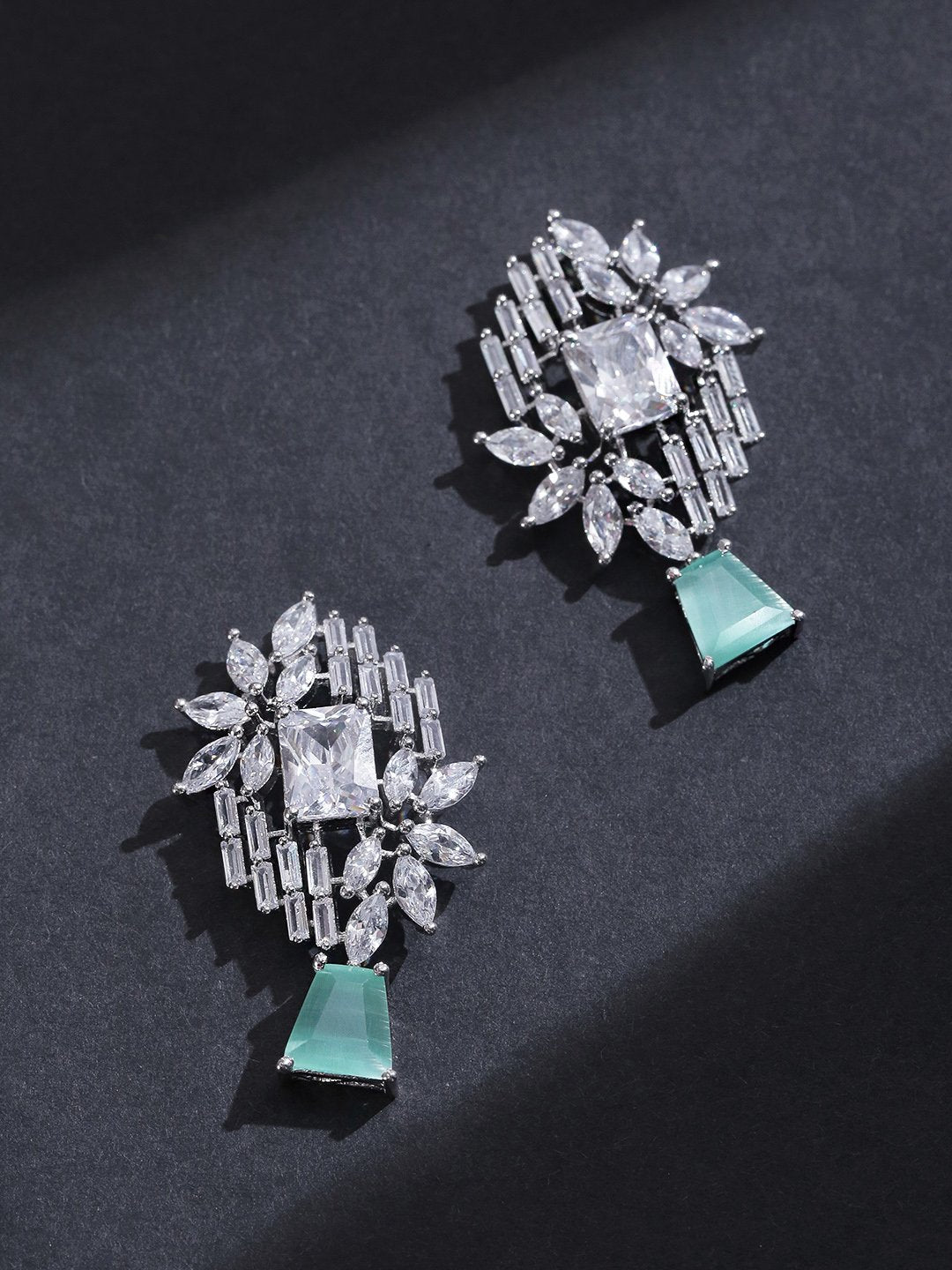 Women's Rhodium-Plated American Diamond and Sea Green Stone Studded Drop Earrings - Priyaasi