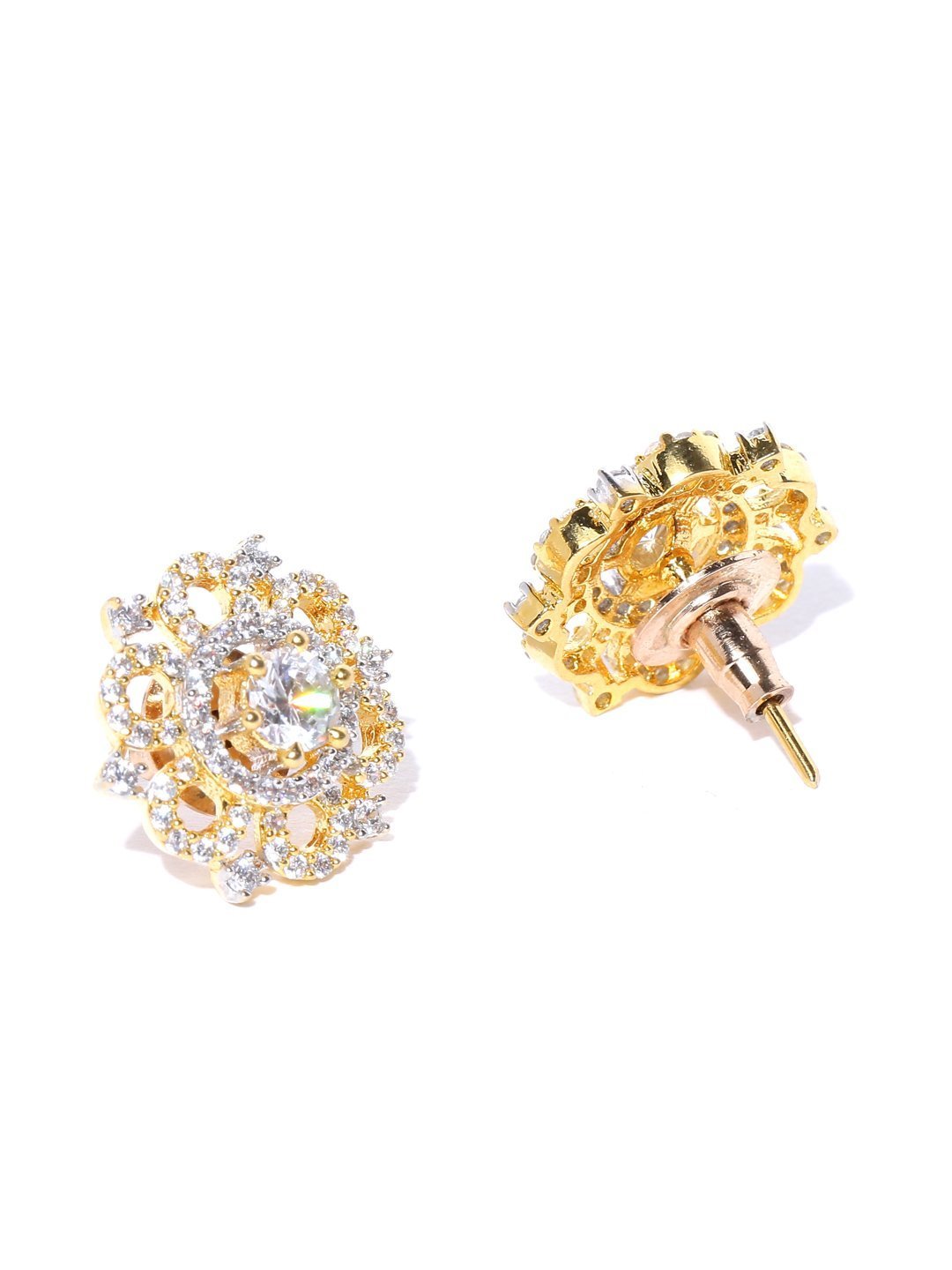 Women's Gold-Plated American Diamond Studded Stud Earrings in Floral Pattern - Priyaasi