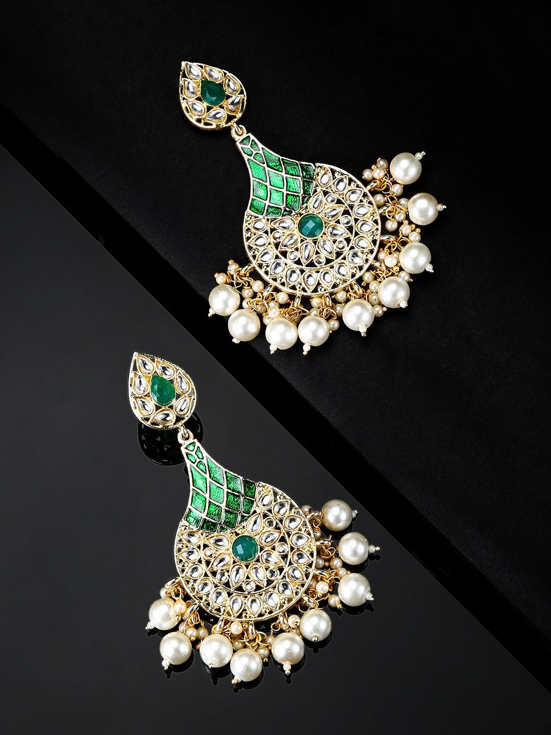Women's Gold Plated Floral Pattern Kundan Studded Teardrop Shaped Green Earrings - Priyaasi