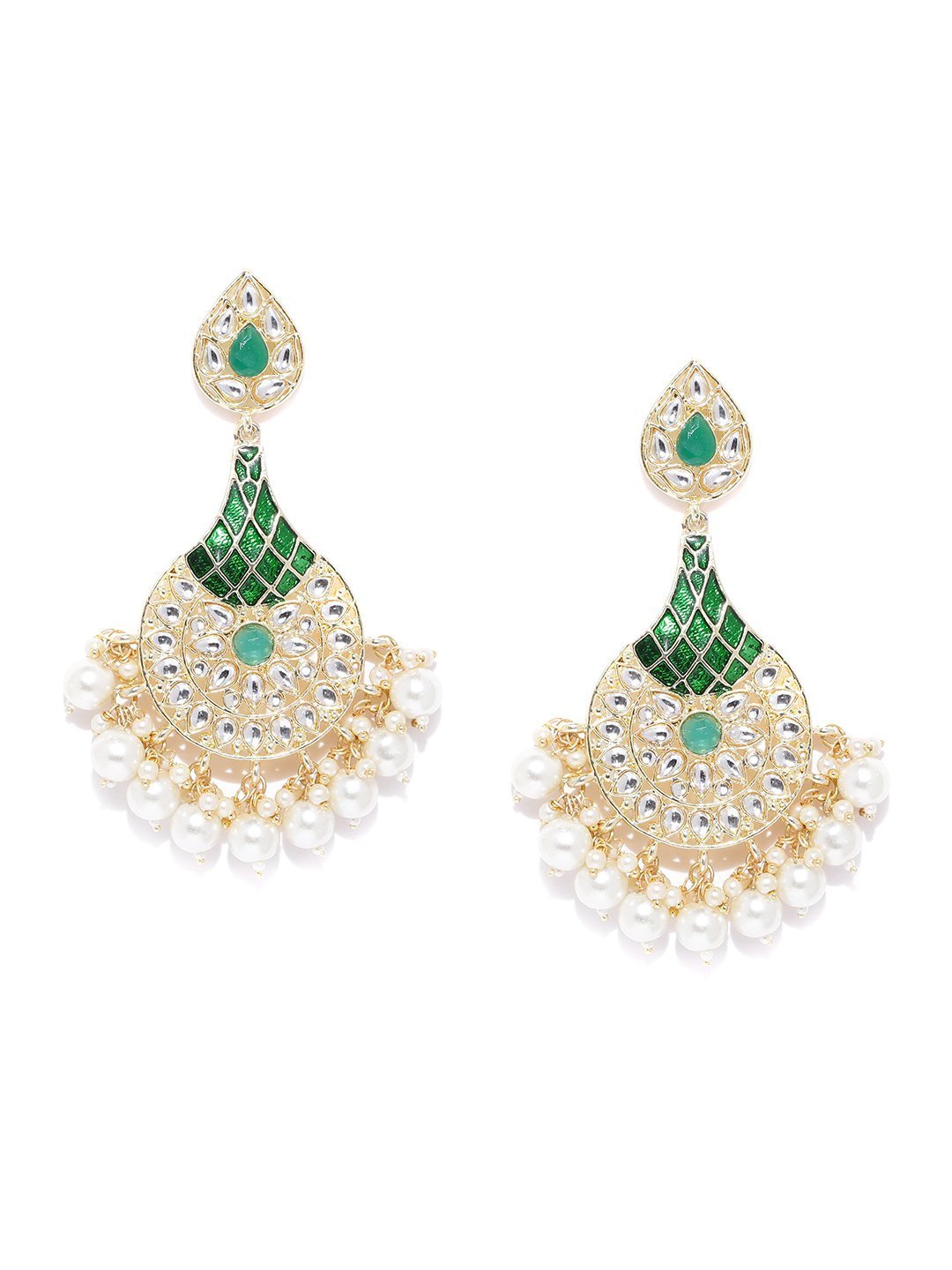 Women's Gold Plated Floral Pattern Kundan Studded Teardrop Shaped Green Earrings - Priyaasi
