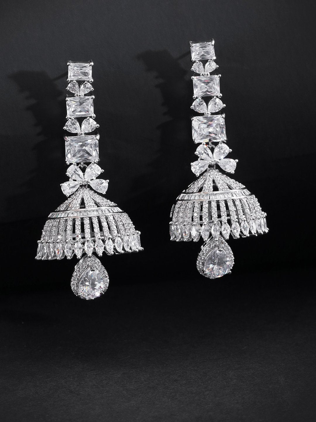 Women's Silver Plated American Diamond Studded Party Wear Jhumka Earrings - Priyaasi