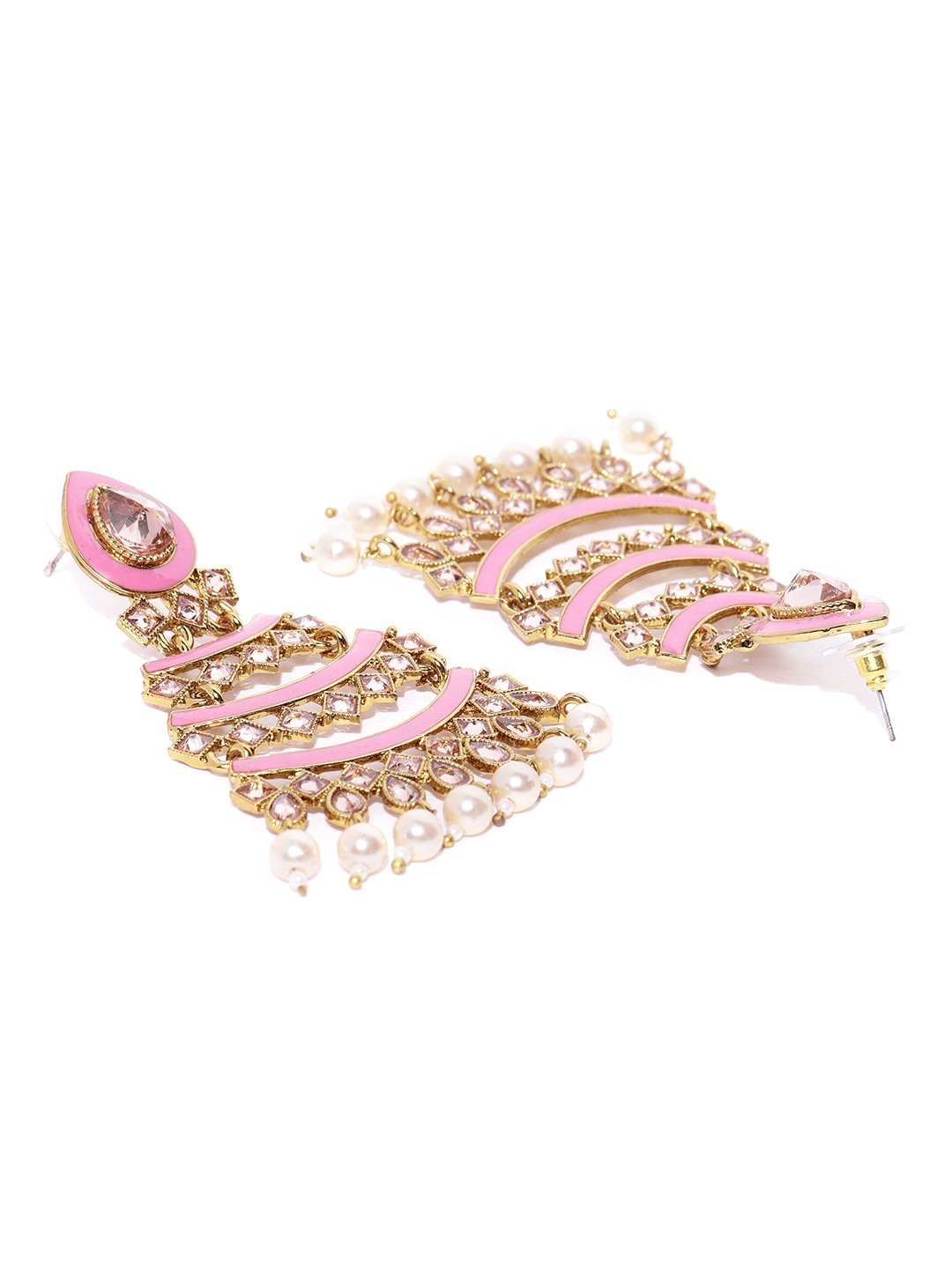 Women's Gold Plated Kunda Studded Layered Design Pink Colour Drop Earrings - Priyaasi