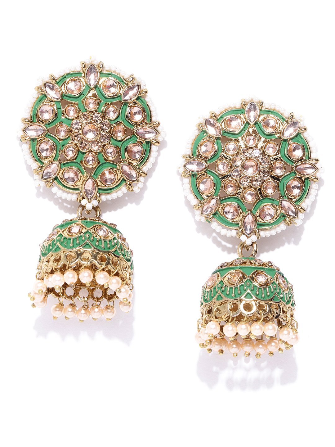 Women's Gold-Plated Stones Studded Meenakari Jhumka Earrings in Green color with Pearls Drop - Priyaasi