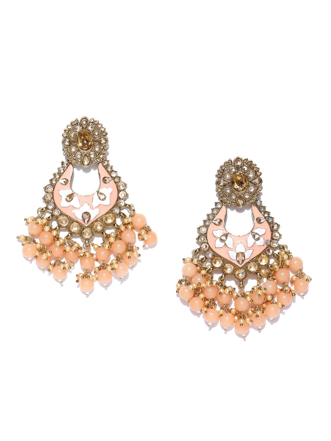 Women's Gold-Plated Stones Studded Drop Earrings with Meenakari work and Beads Drop in Peach Color - Priyaasi