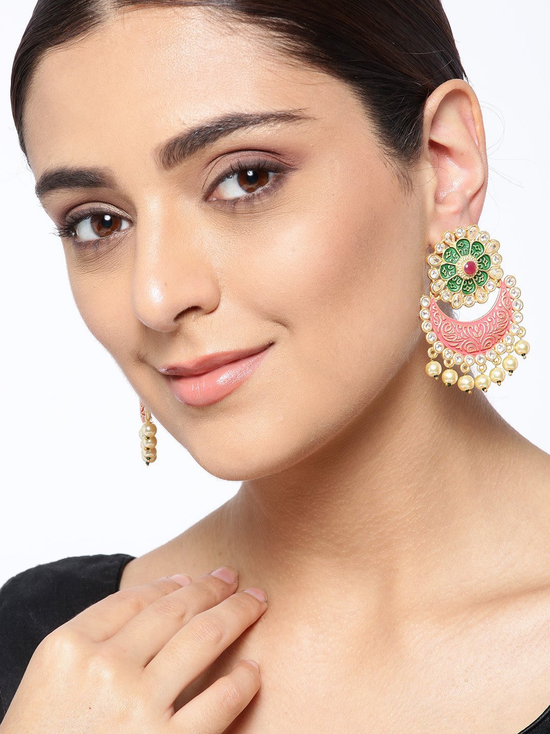 Women Golden, Red-Green Pearl Drop Earrings by Priyaasi (1 Pair Earrings)