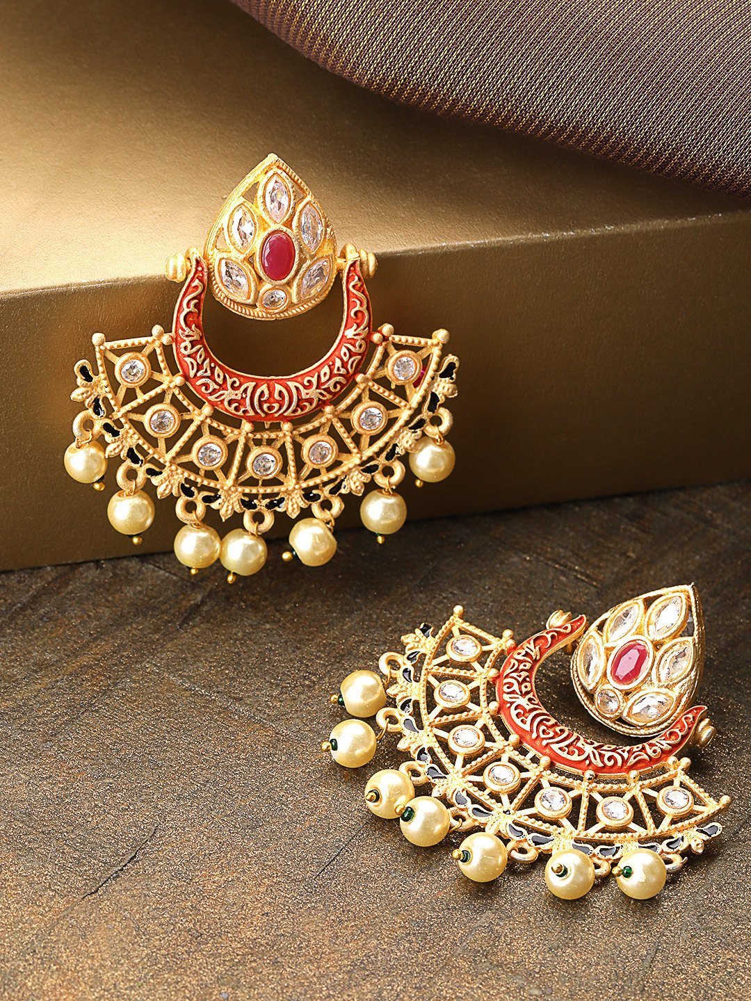 Women's Gold-Plated Stones Studded Meenakari Drop Earrings in Red Color with Pearls Drop - Priyaasi