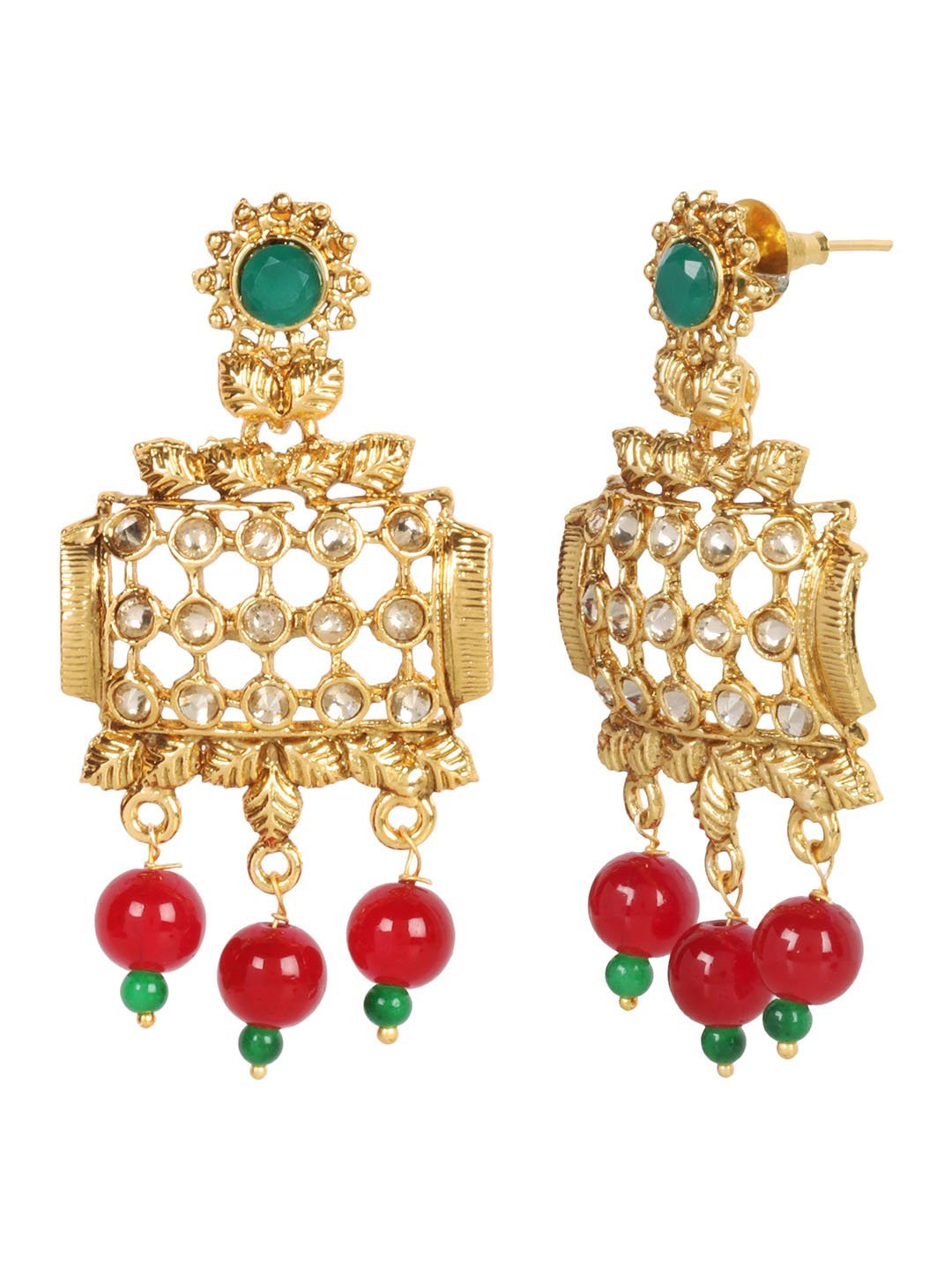 Women's Gold Plated Leaf Pattern Maroon Beaded Drop Earrings - Priyaasi