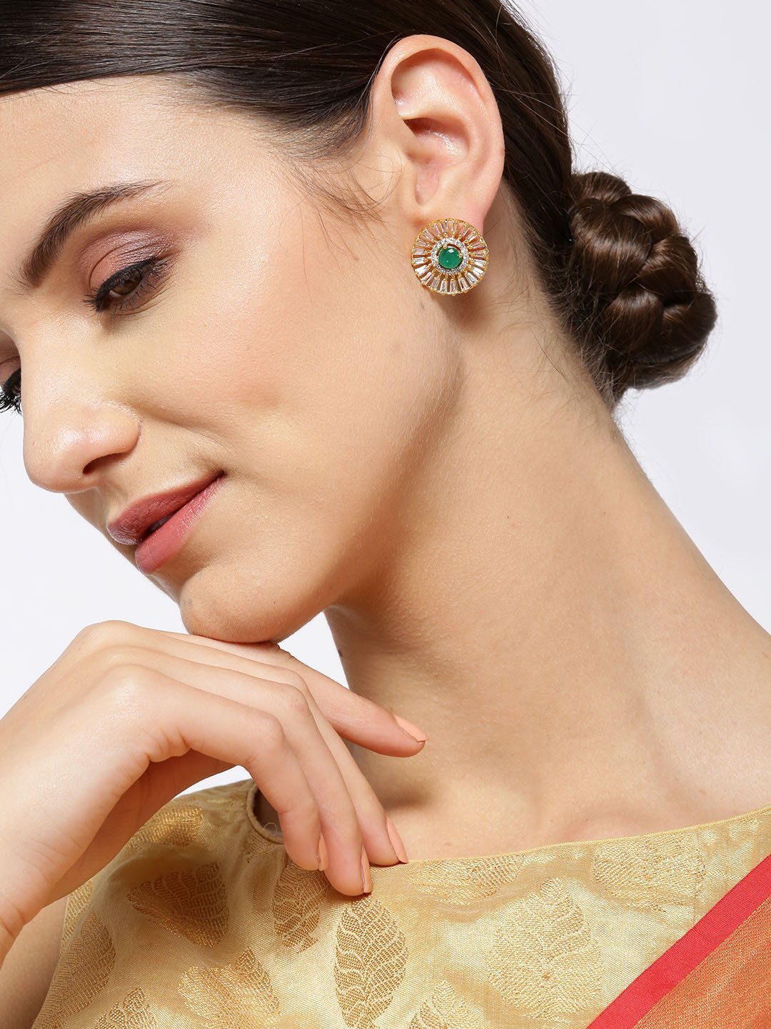 Women's Gold-Plated American Diamond and Emerald Studded Stud Earrings - Priyaasi