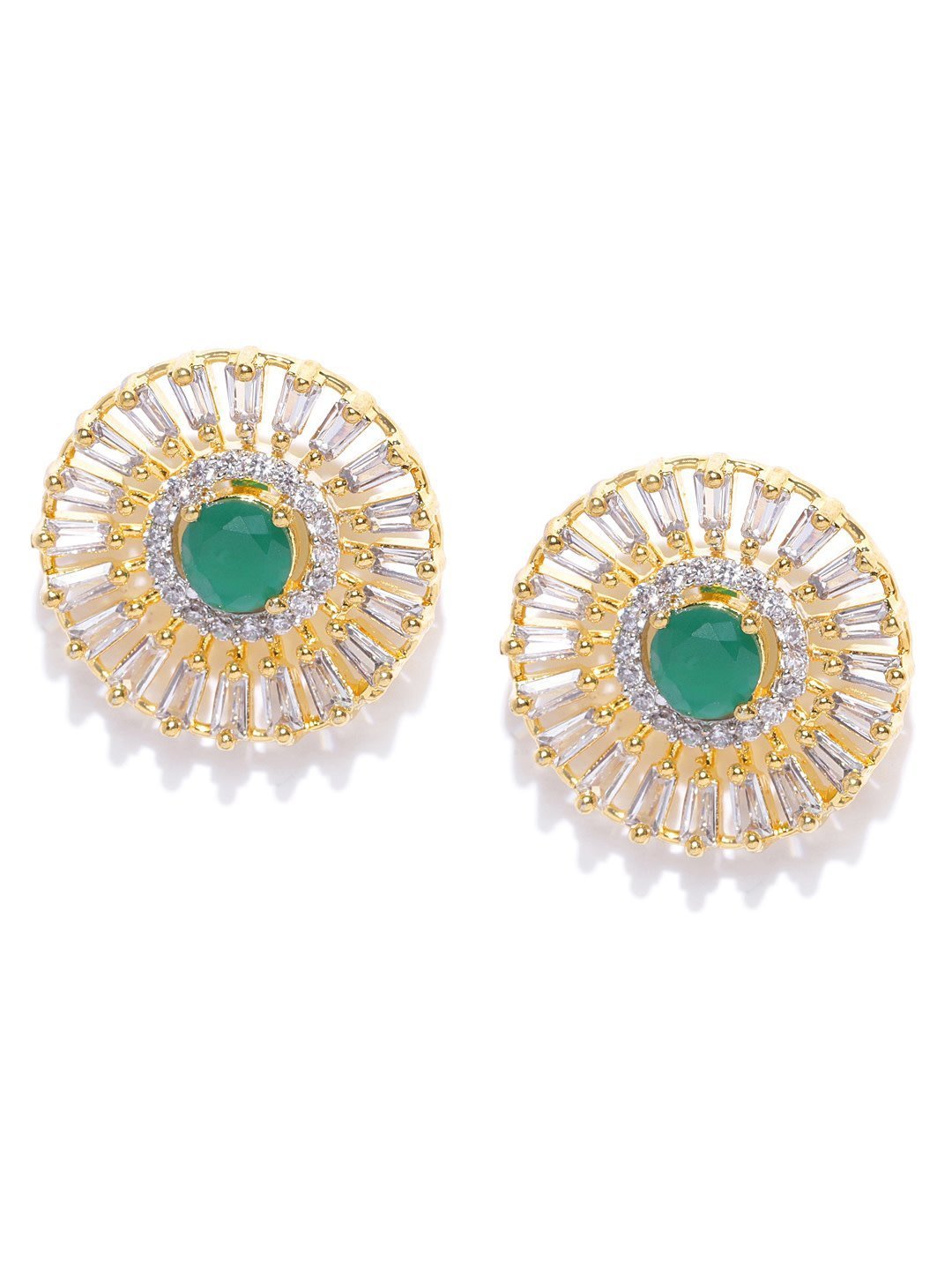 Women's Gold-Plated American Diamond and Emerald Studded Stud Earrings - Priyaasi