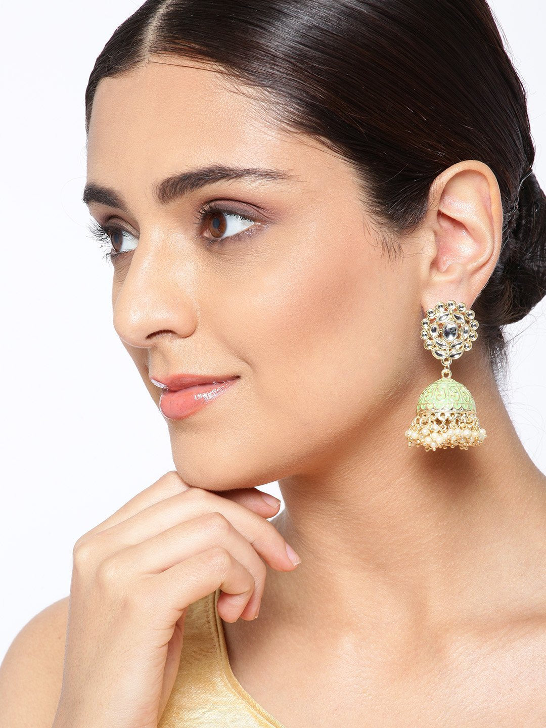 Women's Gold-Plated Kundan Studded Floral Patterned Meenakari Jhumka Earrings in Green Color - Priyaasi