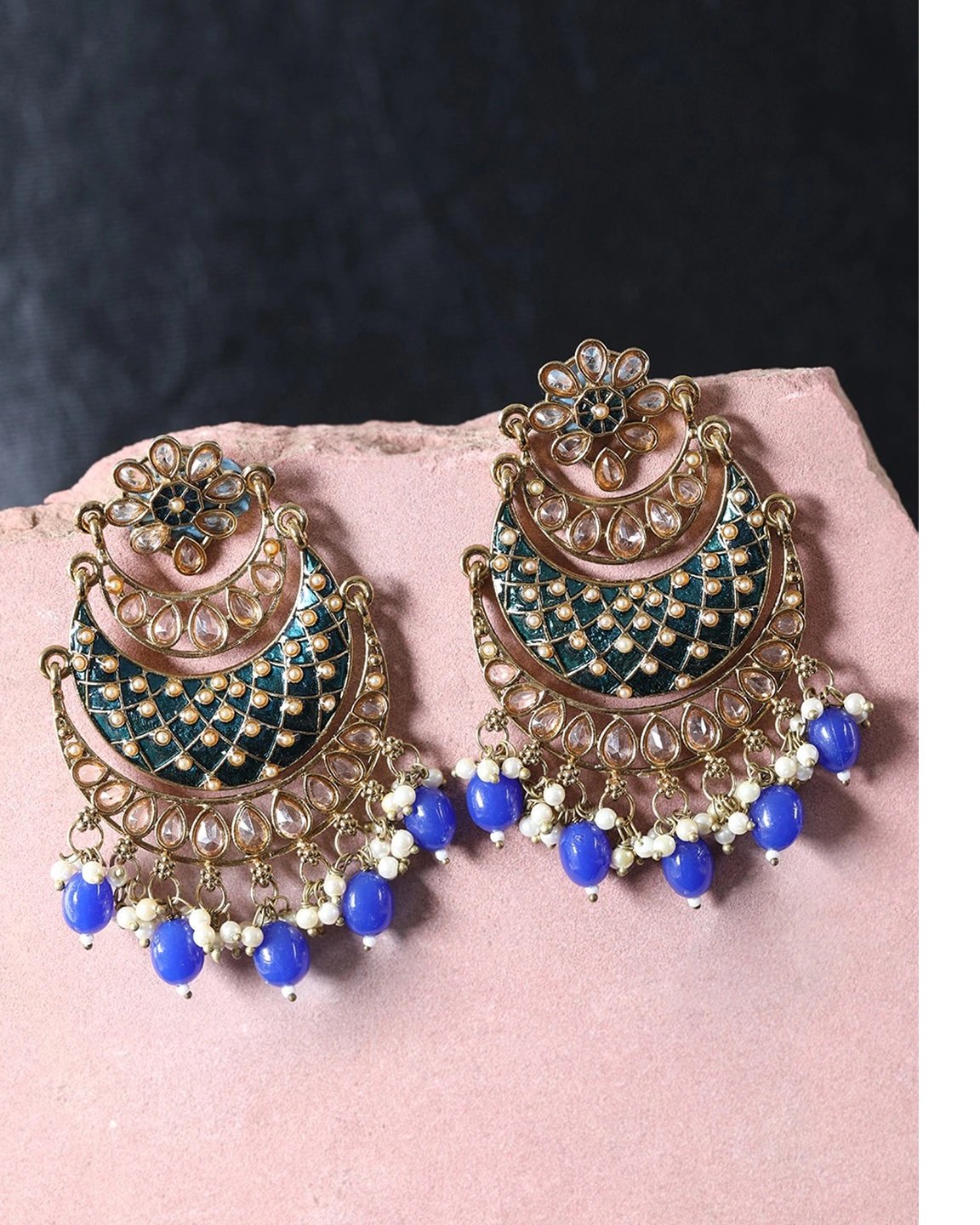 Women's Gold-Plated Stone Studded Handcrafted Chandbali with Bead drop - Priyaasi