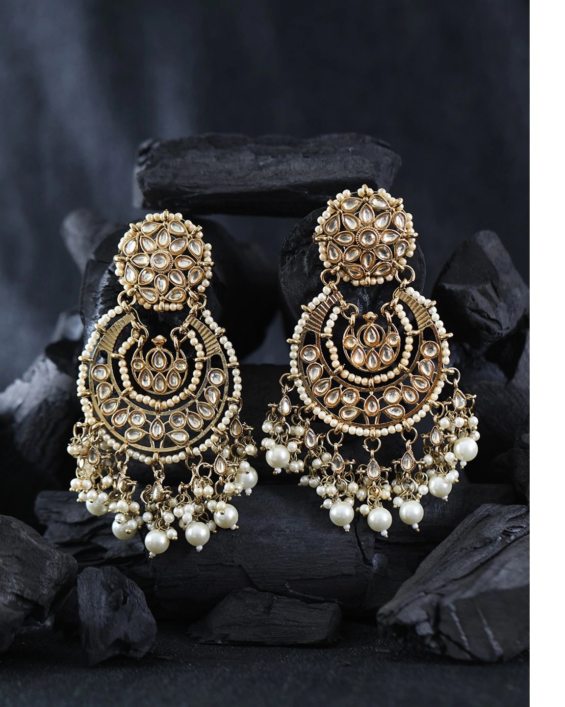 Women's Gold-Plated Stone Studded Chandbali With Pearl Drop - Priyaasi