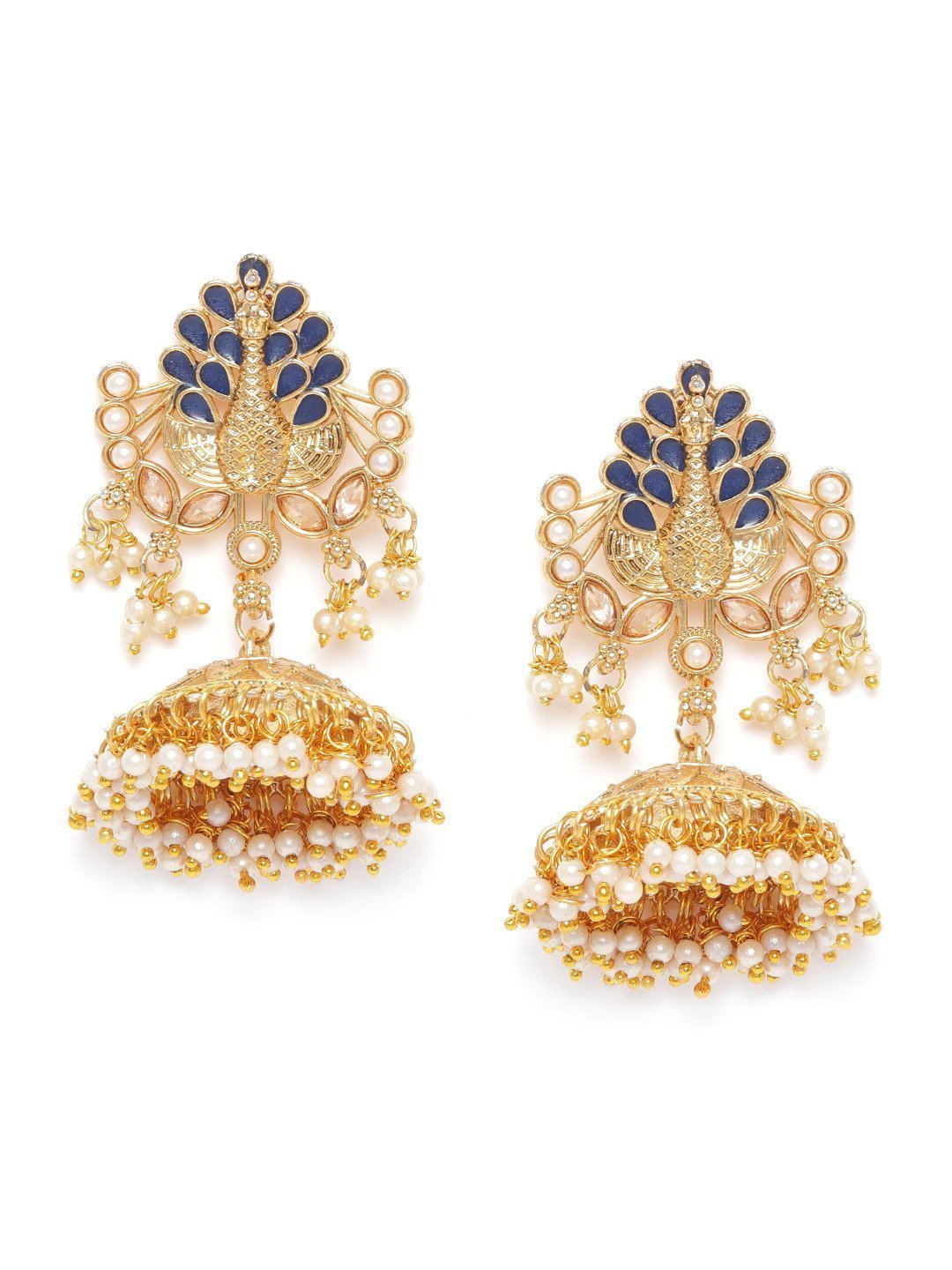 Women's Gold-Plated Peacock style Stone Studded Jhumka with Bead Drop - Priyaasi