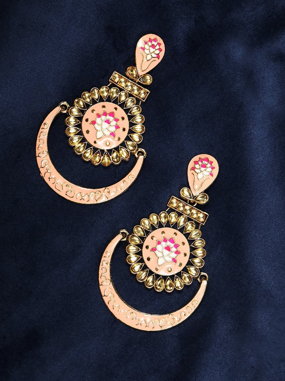 Women's Gold-Plated Stone Studded Handcrafted Chandbali in Peach Color - Priyaasi