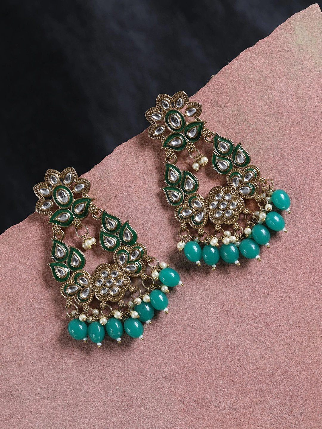 Women's Gold-Plated Kundan Studded Drop Earrings With Green Beads - Priyaasi