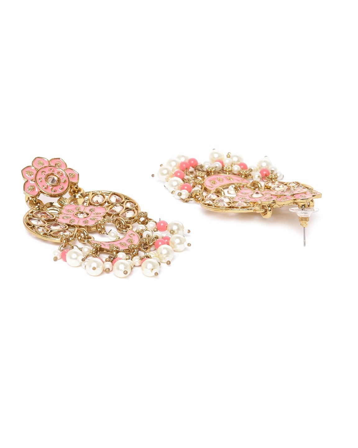 Women's Gold-Plated Stone Studded Drop Earrings with Pearl Drop in Peach Color - Priyaasi