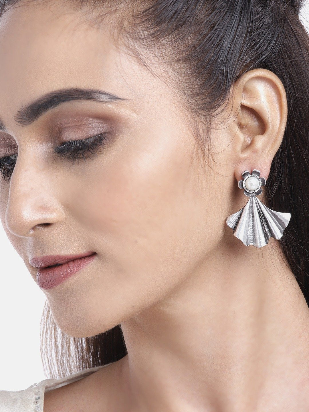 Women's Oxidised Silver-Plated Pearl studded floral inspired Drop earrings - Priyaasi