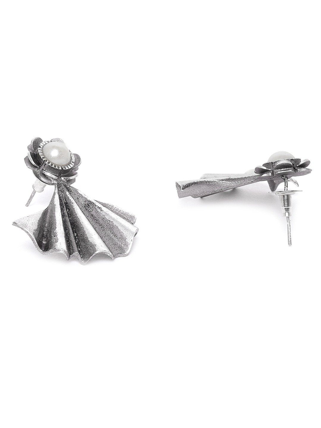 Women's Oxidised Silver-Plated Pearl studded floral inspired Drop earrings - Priyaasi