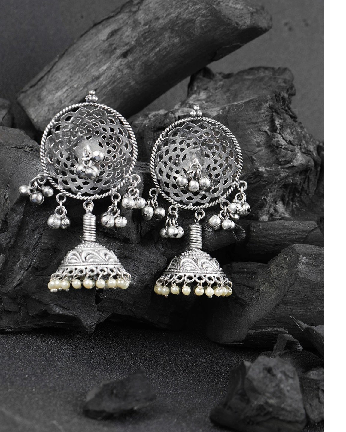 Women's Oxidised Silver-Plated Jhumka with Bead drop - Priyaasi