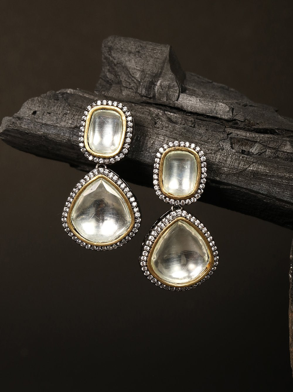 Women's Gold-Plated Kundan and American Diamond Studded studded Drop earrings - Priyaasi