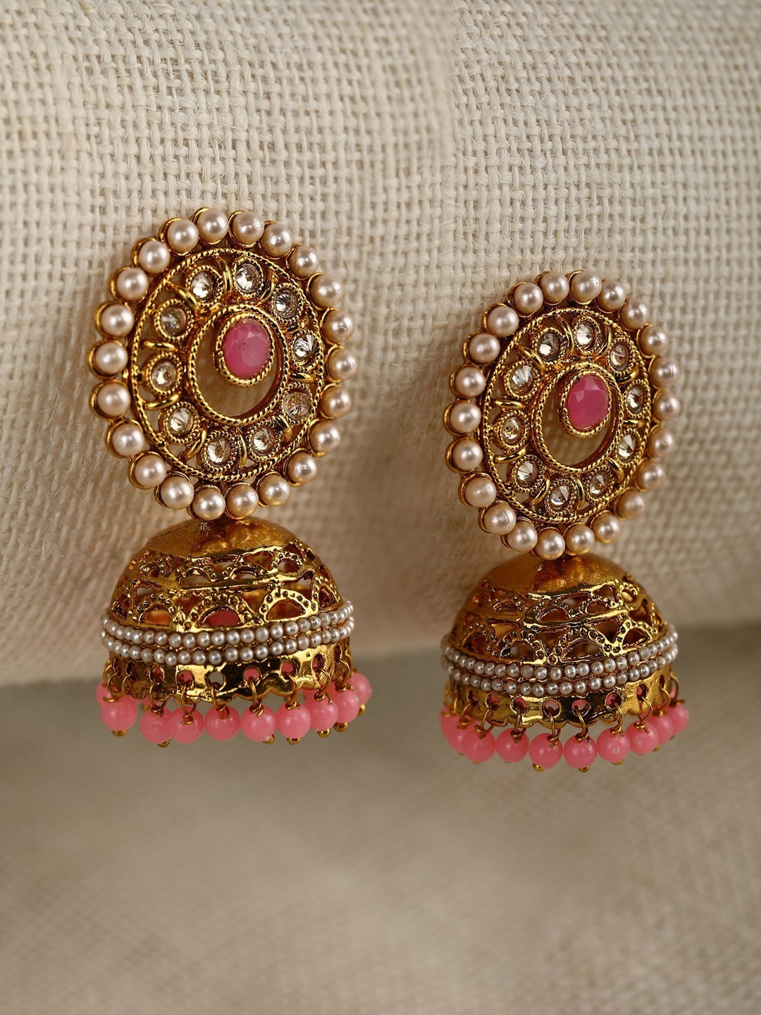 Women's Pink Pearls Studded Jhumka Earrings - Priyaasi