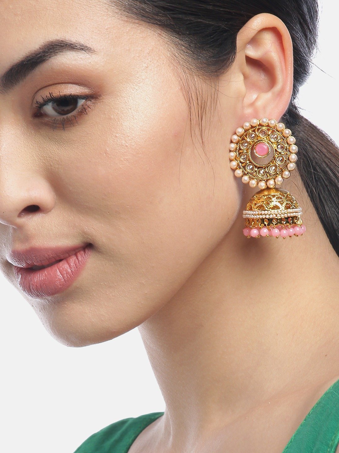 Women's Pink Pearls Studded Jhumka Earrings - Priyaasi