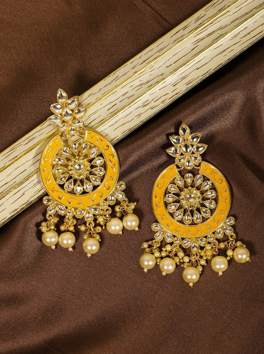 Women's Yellow Colored Pearls Studded Earrings - Priyaasi