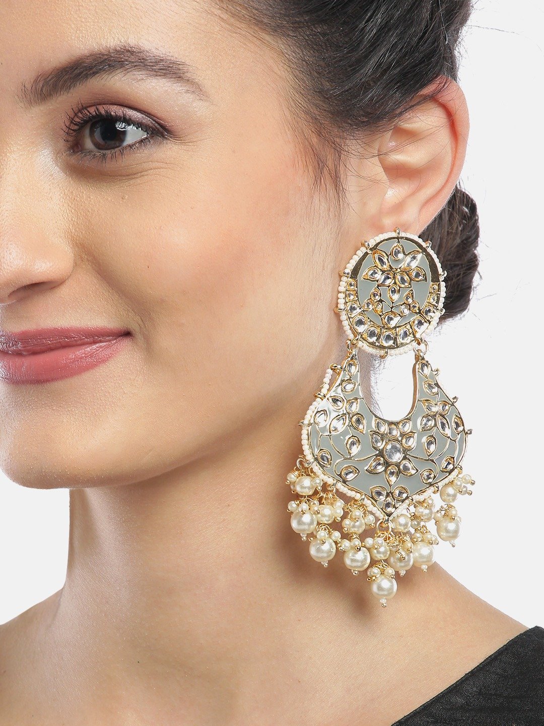 Women's Kundan Studded and Beaded Grey Colored Earrings - Priyaasi