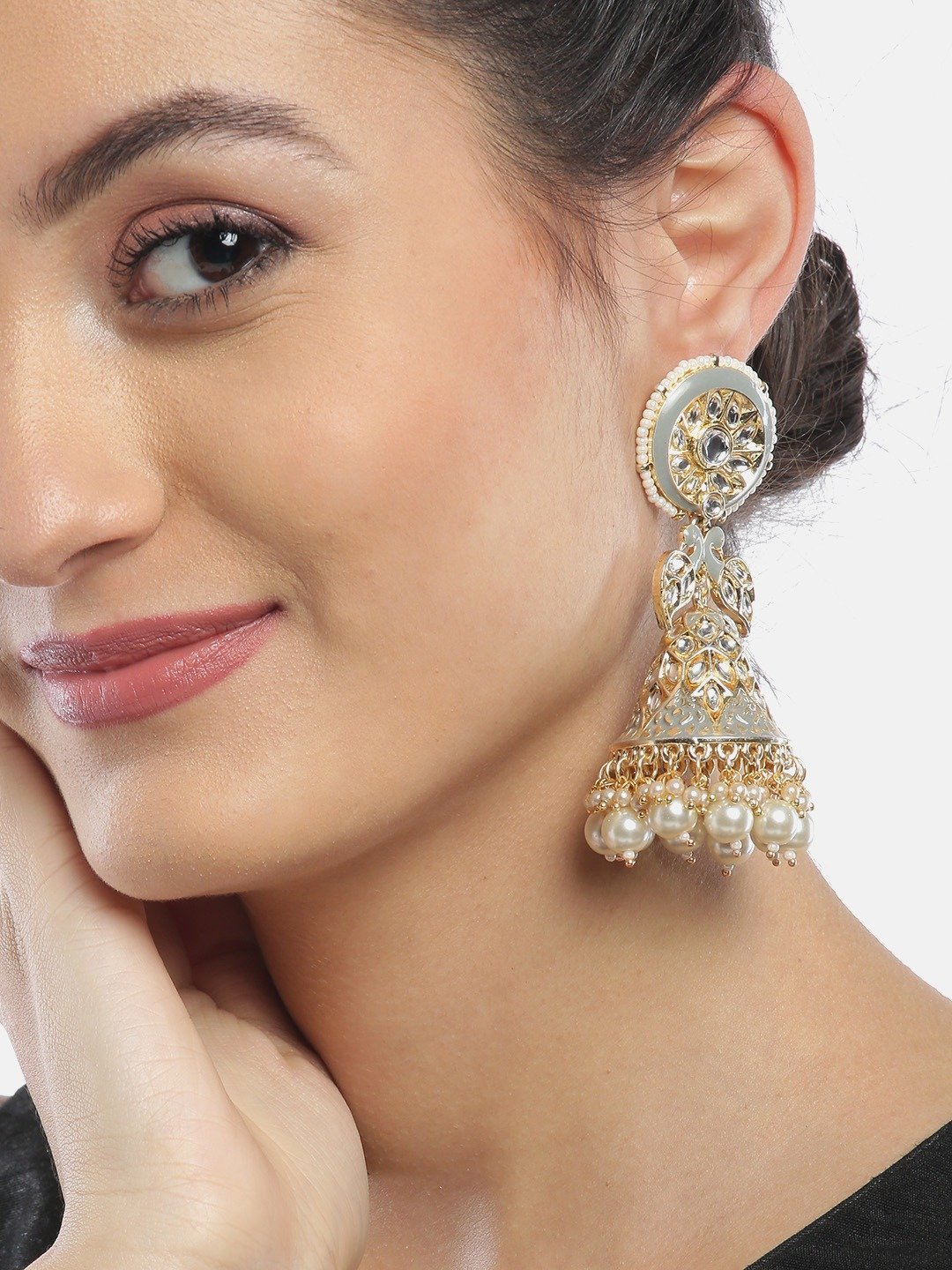 Women's Grey Colored Kundan Studded and Beaded Earrings - Priyaasi