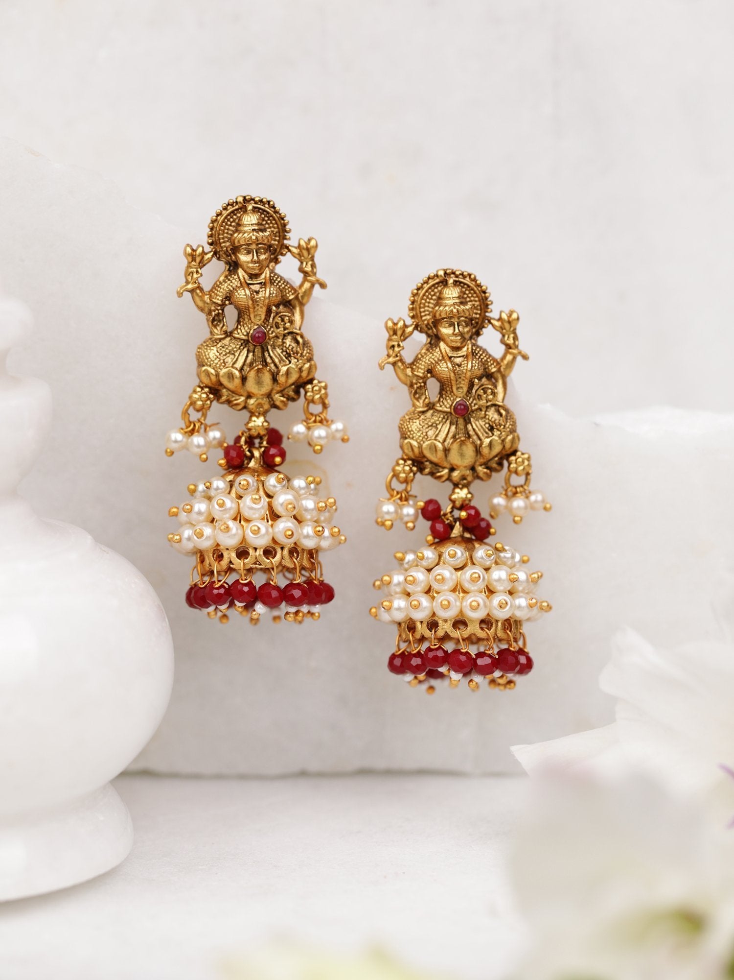 Women's Goddess Shaped and Beaded Gold Plated Earrings - Priyaasi
