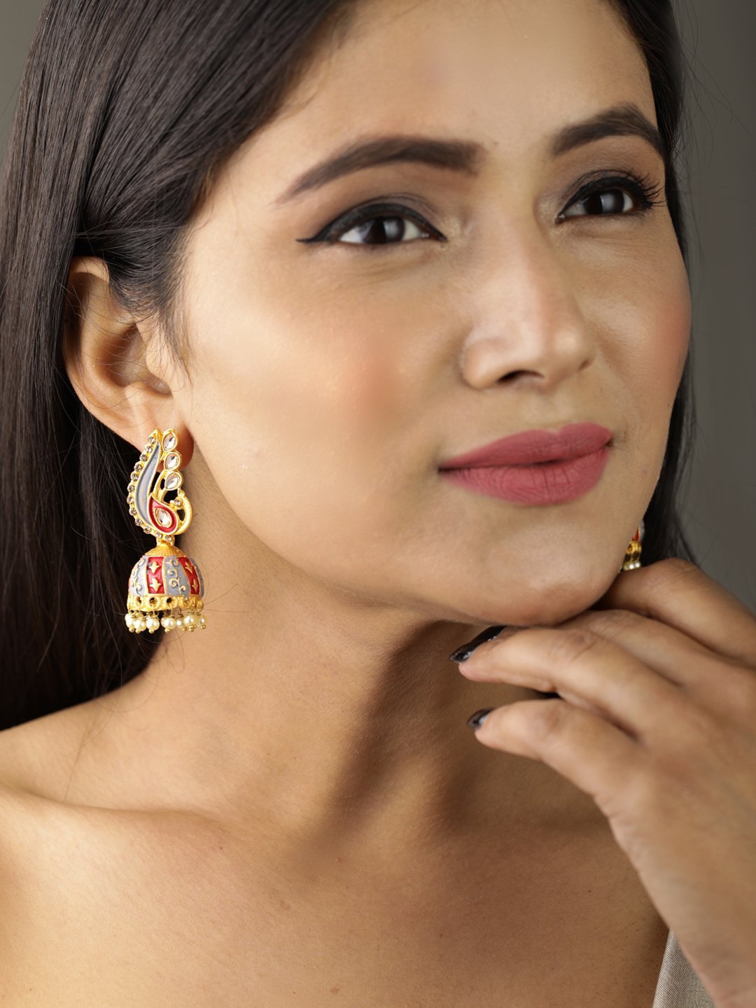 Women's Peacock Shaped Kundan Jhumka Earring - Priyaasi