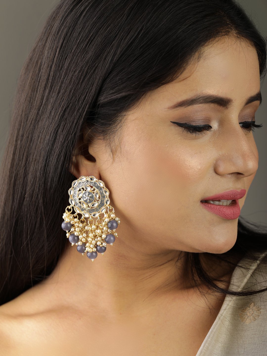 Women's Kundan Studded Beaded Floral Earring - Priyaasi