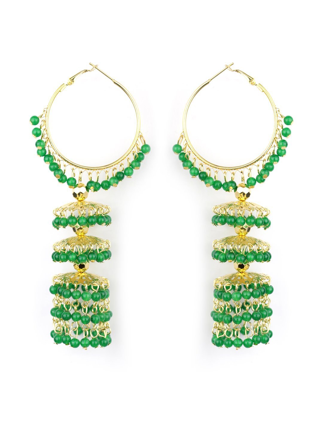 Women's Green Beads Gold Plated Hooped Traditional Jhumka Earring - Priyaasi