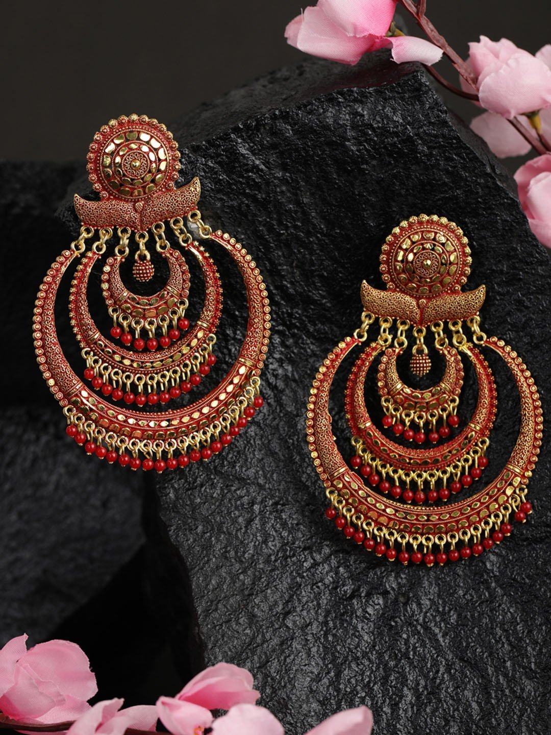 Women's Maroon Beads Gold Plated Traditional Drop Earring - Priyaasi