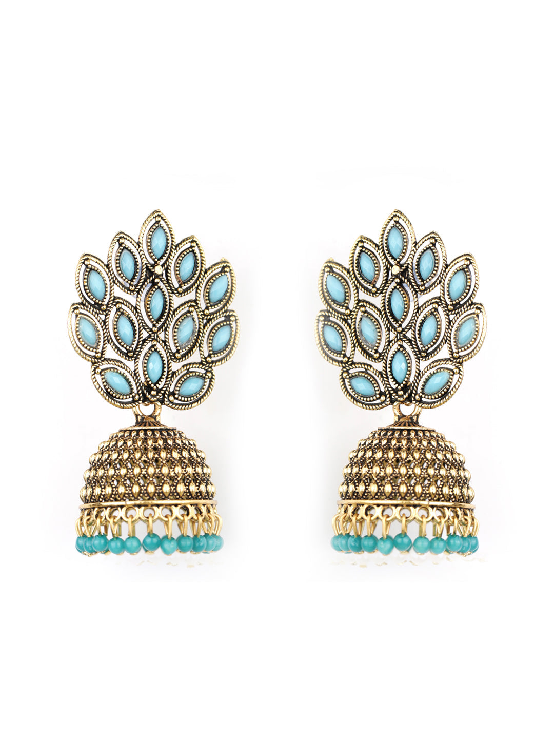 Women's  Combo Set of 2 Blue Beads Gold Plated Traditional Jhumka Earring - Priyaasi
