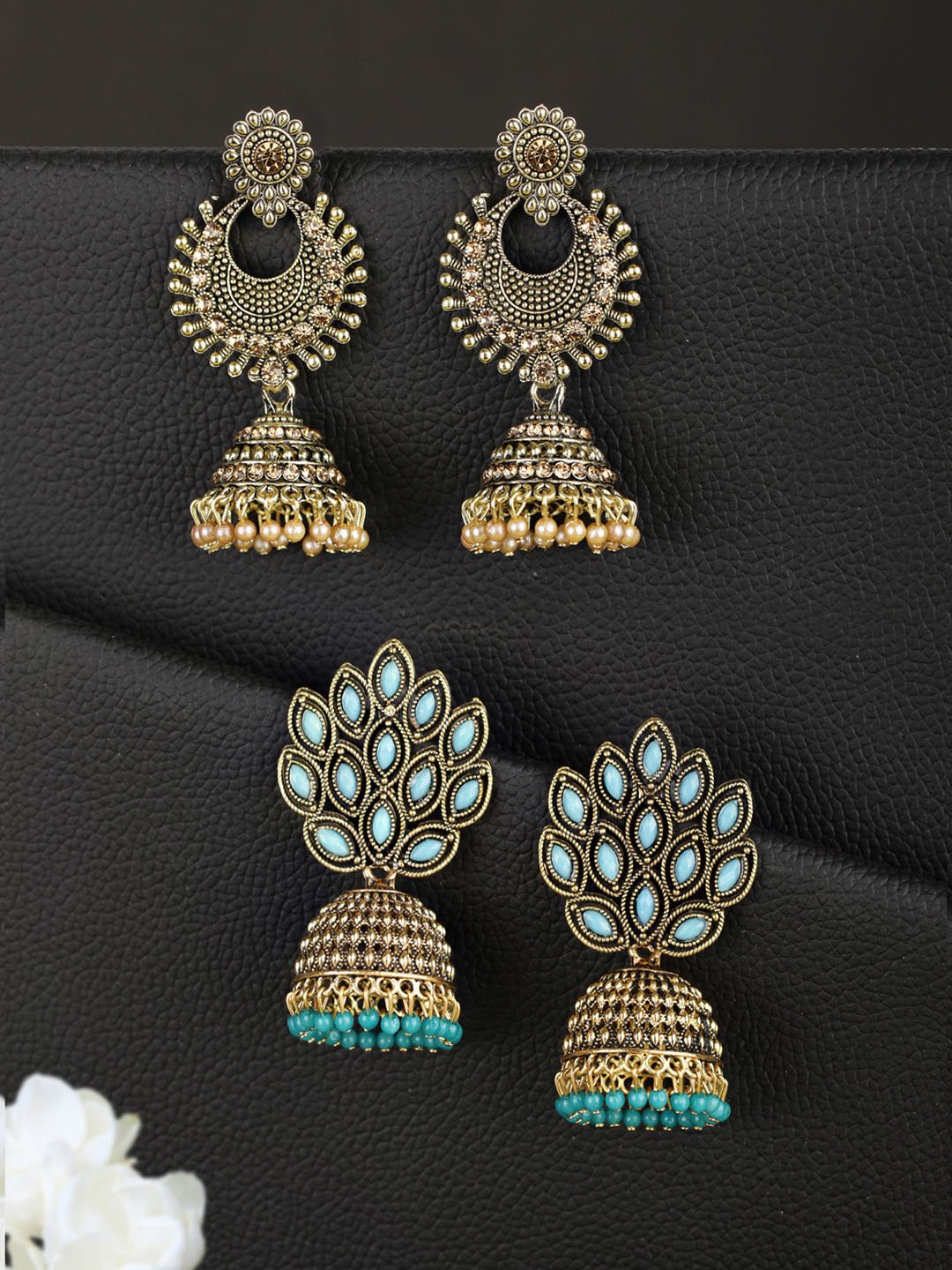 Women's  Combo Set of 2 Blue Beads Gold Plated Traditional Jhumka Earring - Priyaasi