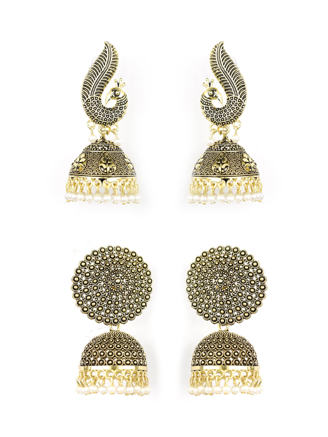 Women's  Combo Set of 2 Beads Gold Plated Peacock Traditional Jhumka Earring - Priyaasi