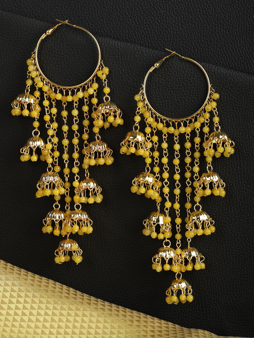 Women's  Yellow Beads Gold Plated Hooped Traditional Drop Earring - Priyaasi