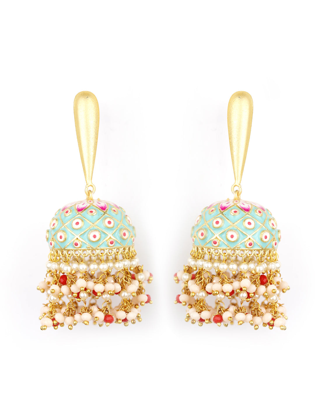 Women's  Blue Beads Gold Plated Traditional Jhumka Earring - Priyaasi