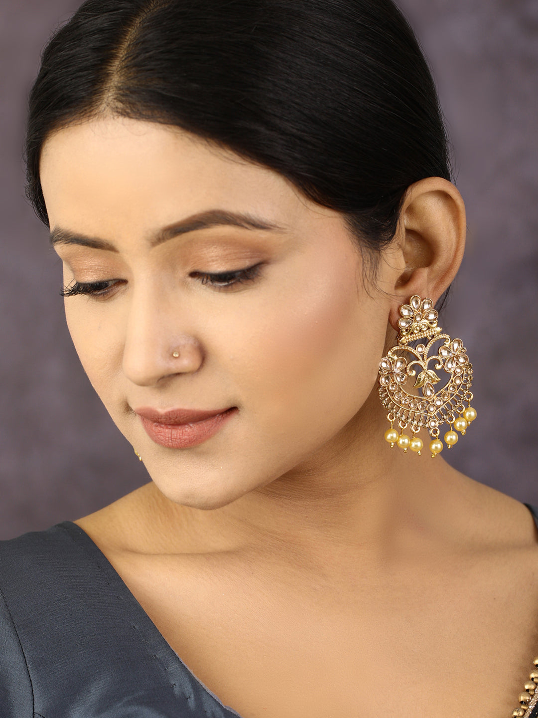 Women's  Kundan Pearls Gold Plated Traditional Drop Earring - Priyaasi