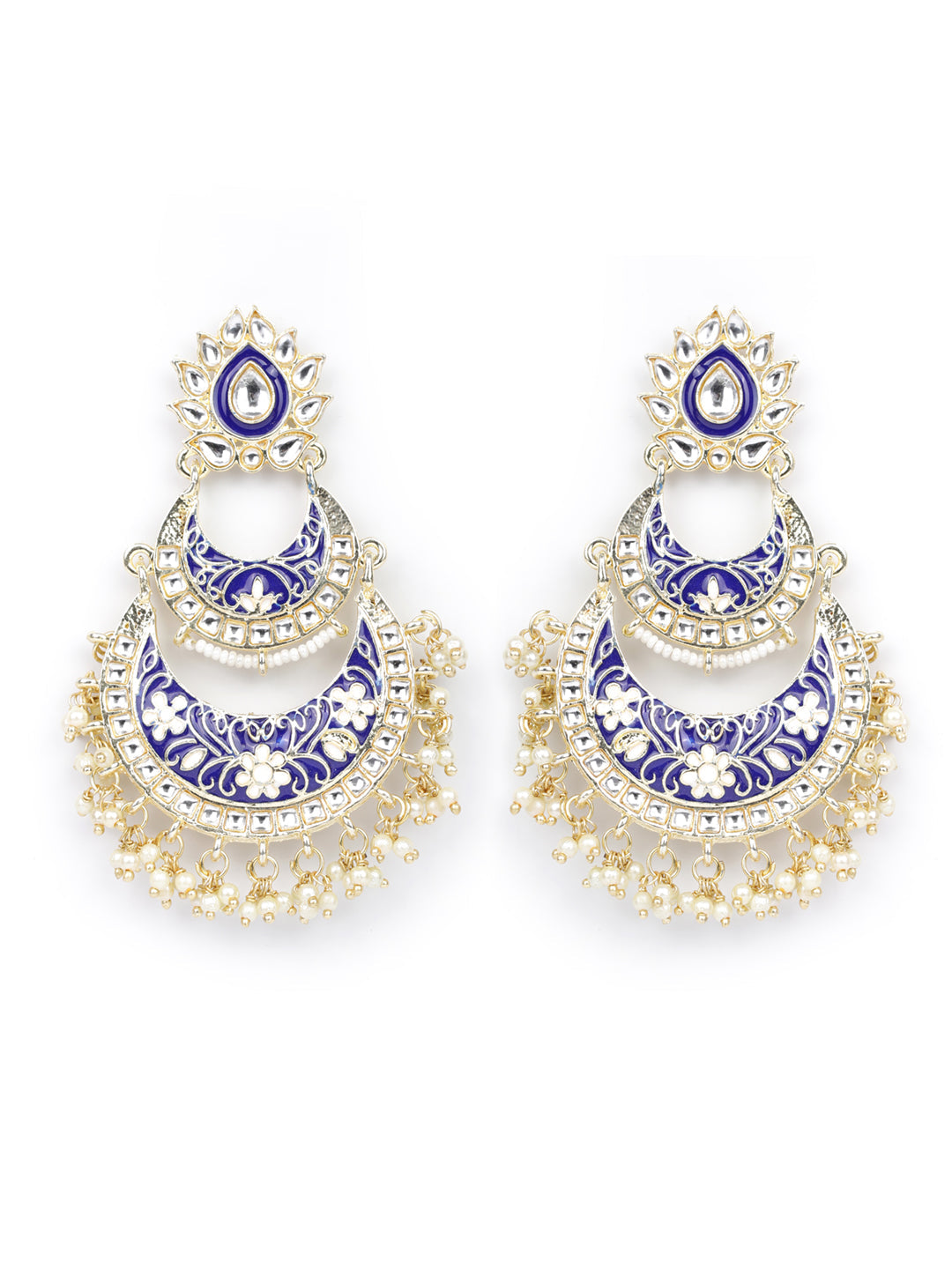 Women's  Blue Kundan Beads Gold Plated Floral Traditional Jhumka Earring - Priyaasi