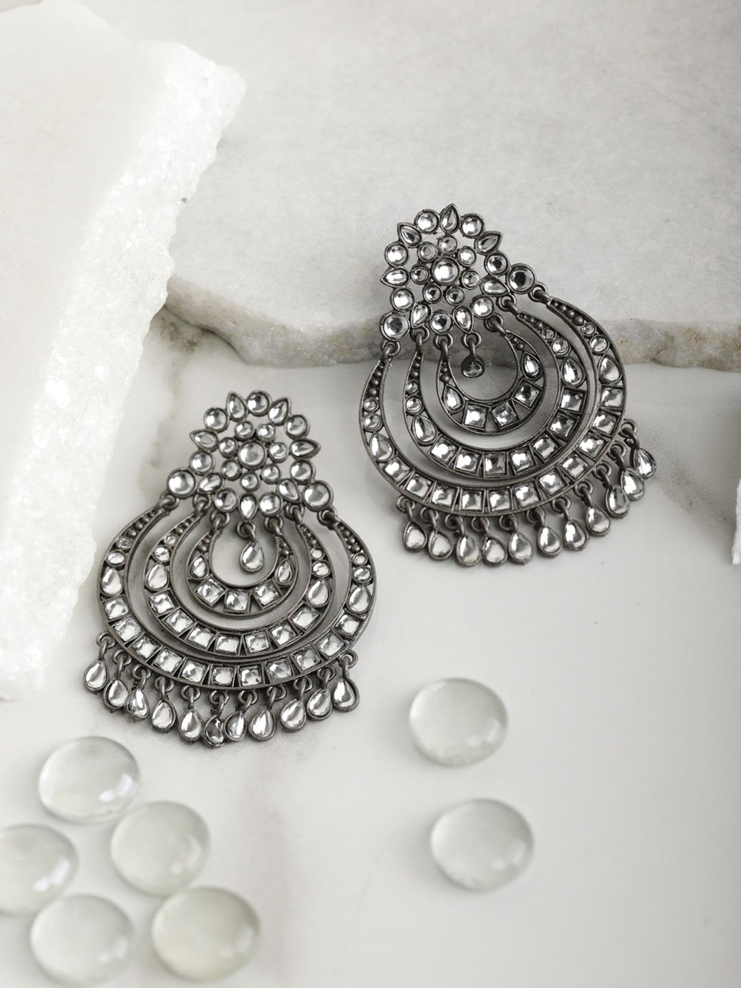 Women's  Black Kundan Gunmetal Plated Traditional Drop Earring - Priyaasi