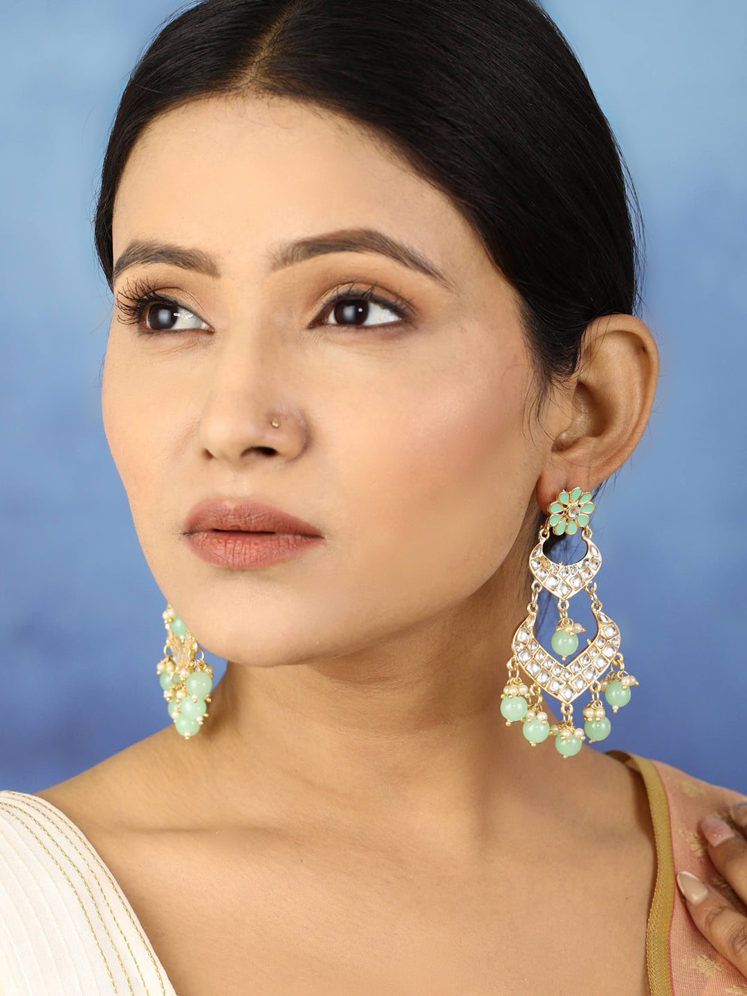 Women's  Turquoise Blue Pearls Kundan Beads Gold Plated Traditional Drop Earring - Priyaasi