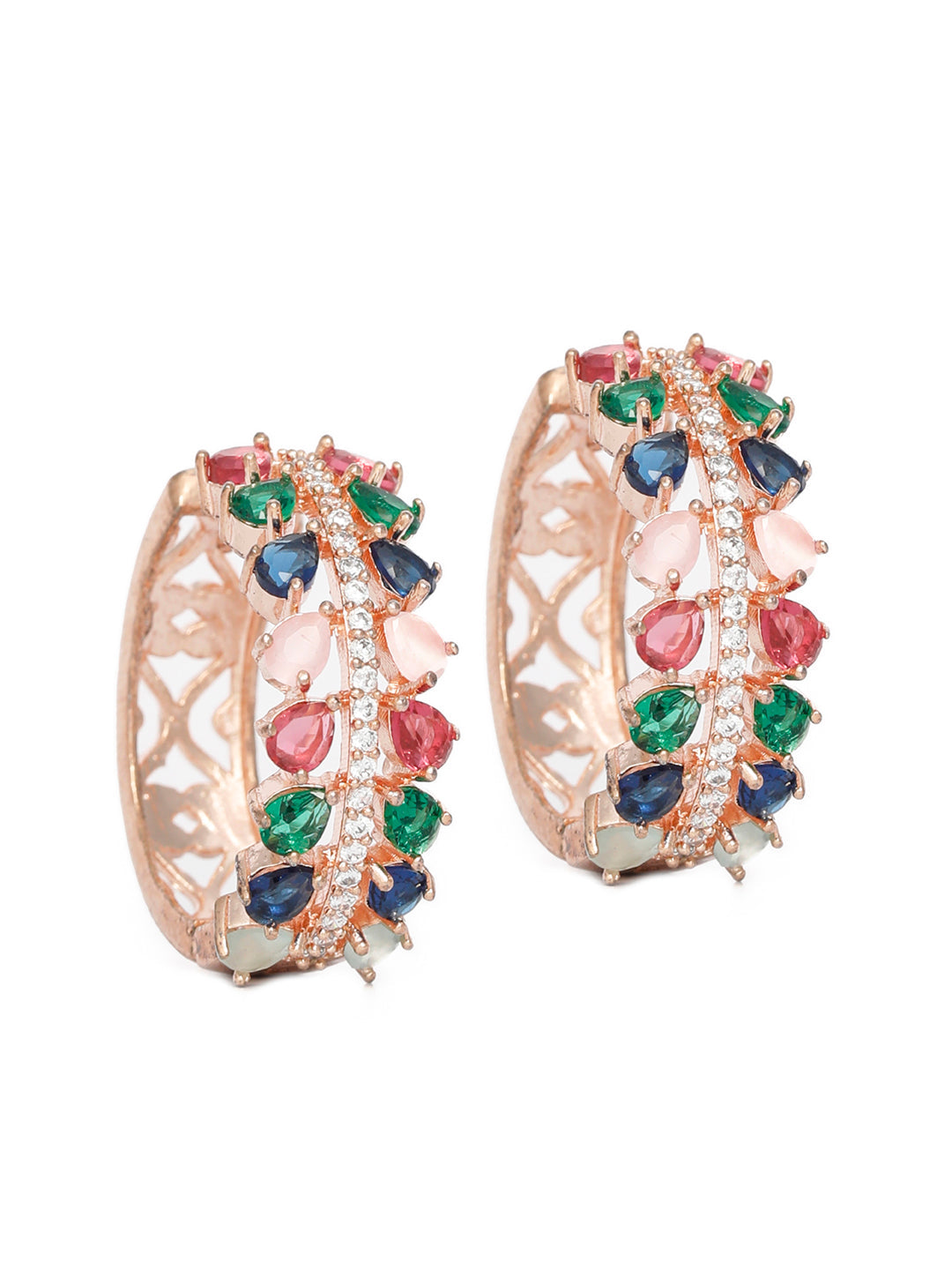 Women's Leaf Magic-Multicolor American Diamond Rose Gold Hoop Earring- Priyaasi