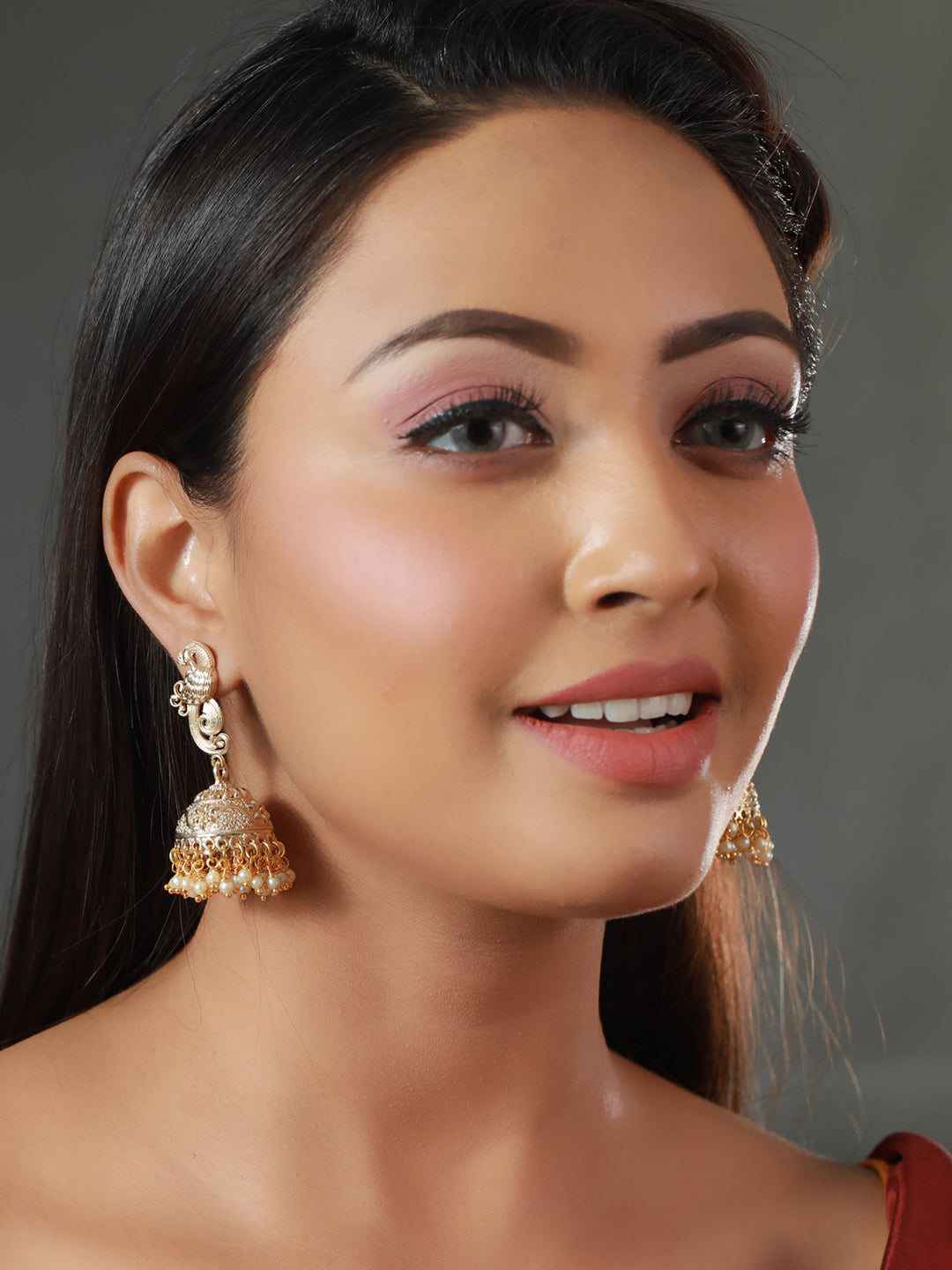 Women's Peacock Pearl Drop Gold Plated Jhumka Earrings - Priyaasi