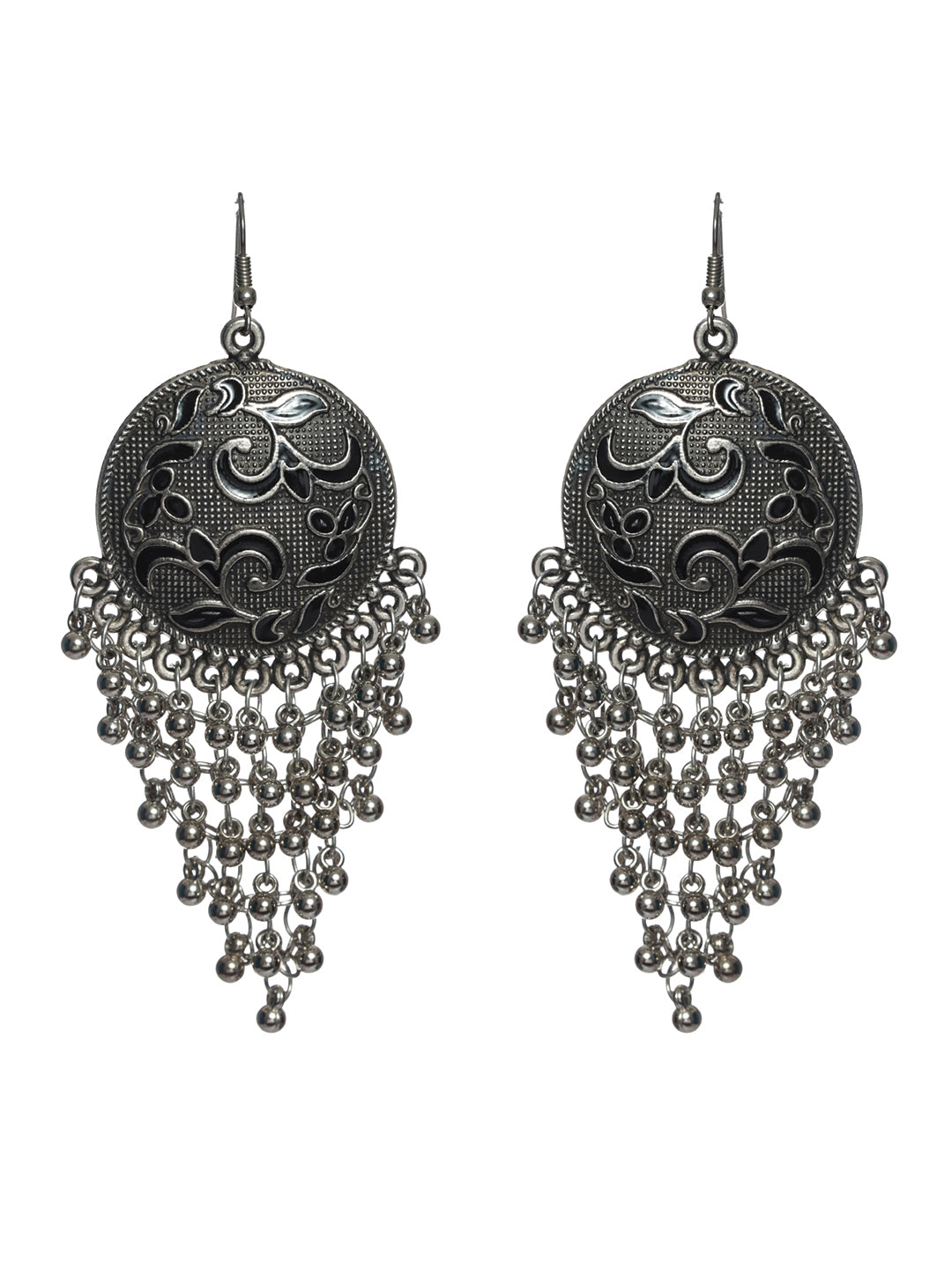 Women's Floral Oxidised Silver Chunky Drop Earrings - Priyaasi