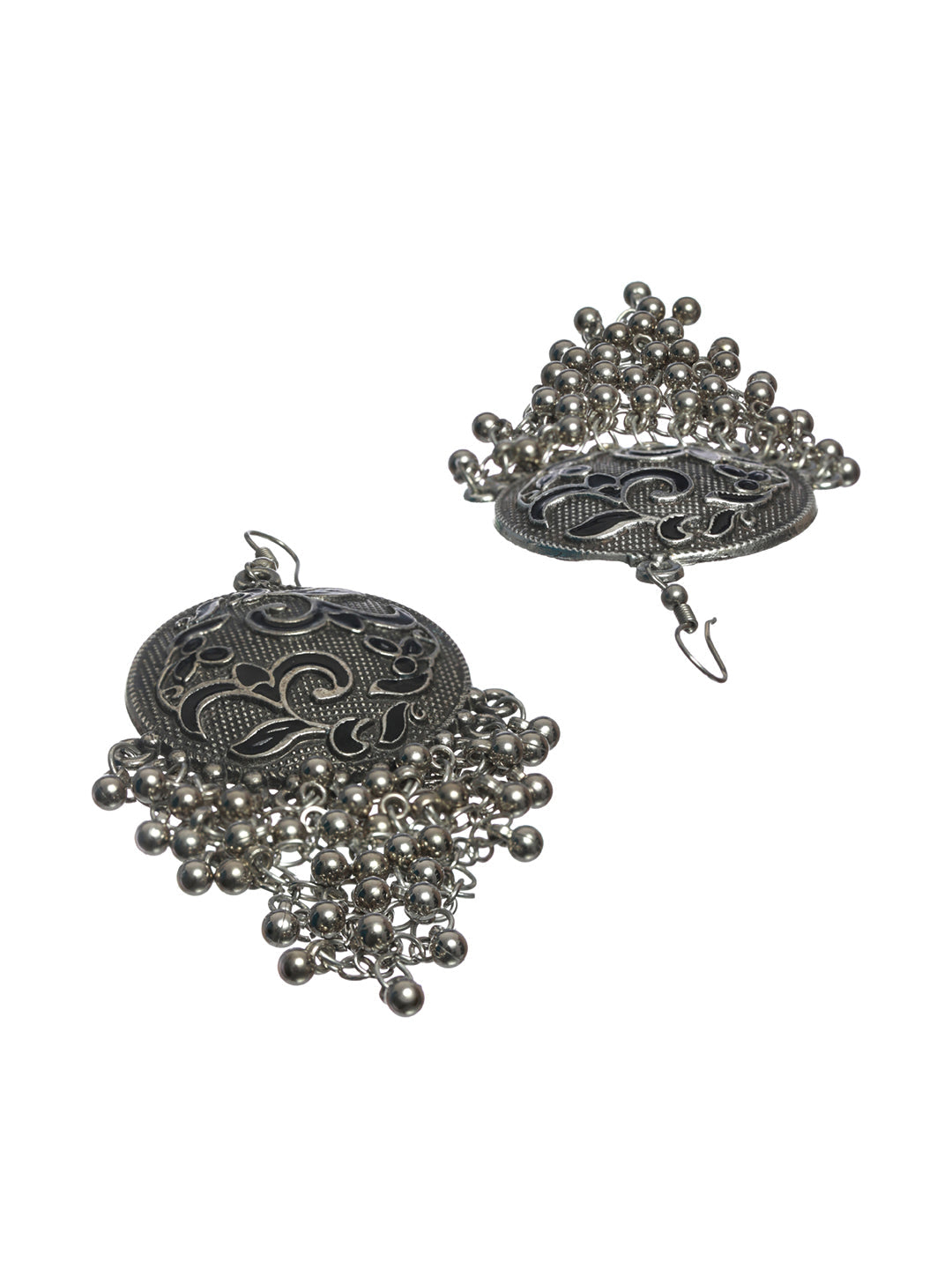 Women's Floral Oxidised Silver Chunky Drop Earrings - Priyaasi
