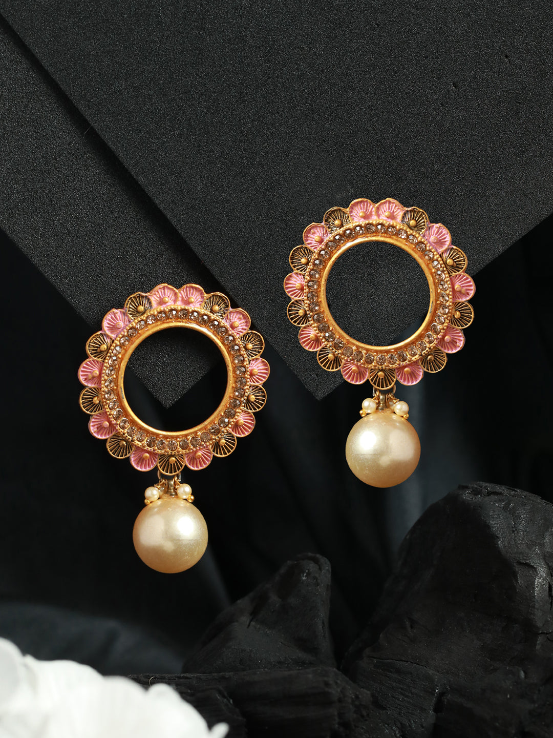 Women's Pink Studded Floral Pearl Gold Plated Earrings - Priyaasi