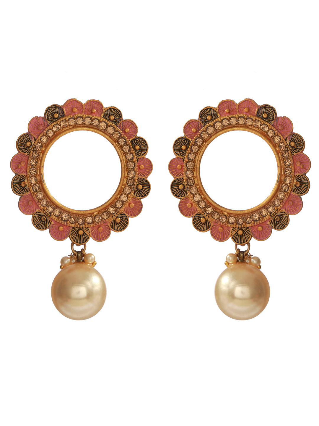 Women's Pink Studded Floral Pearl Gold Plated Earrings - Priyaasi