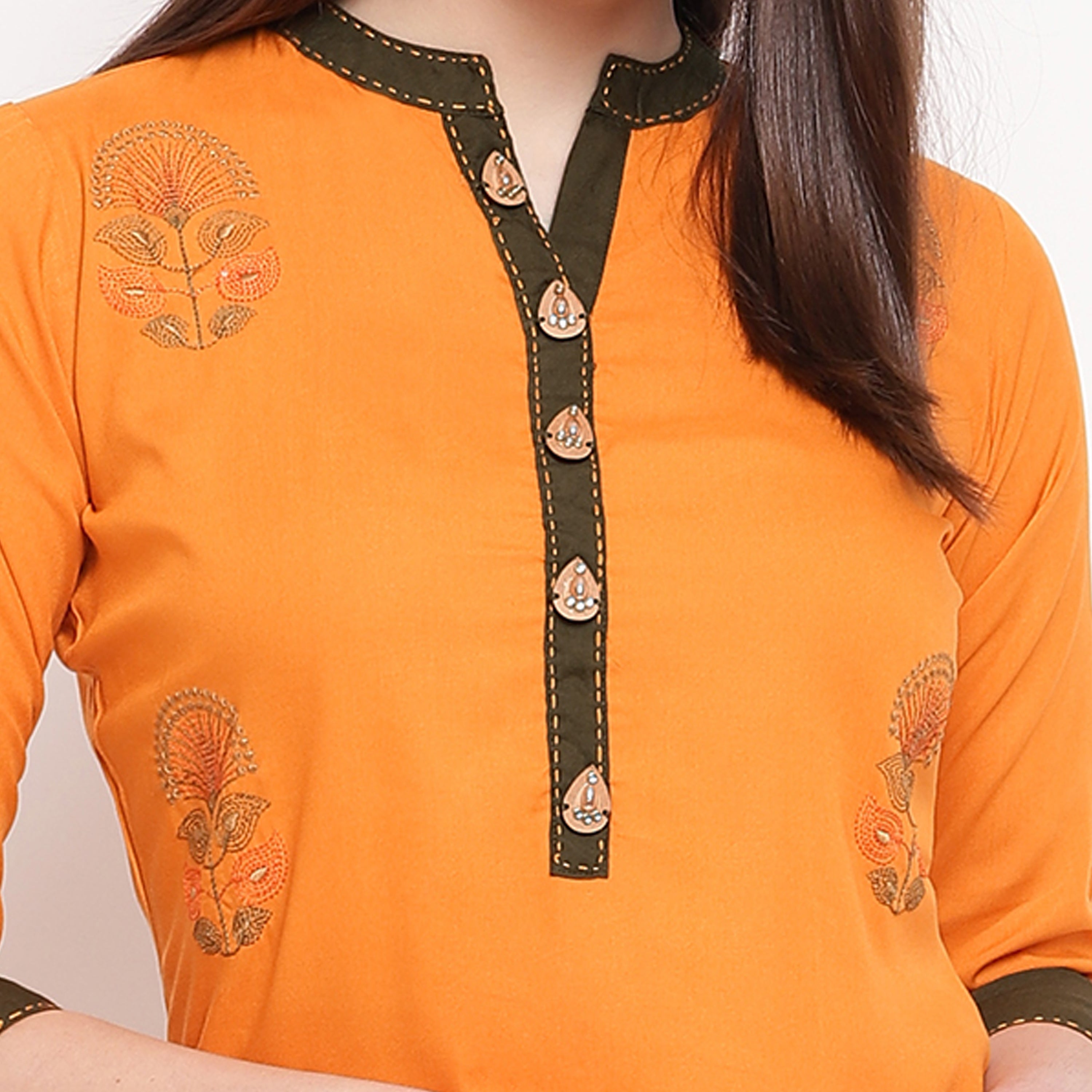 Women's Embroidered Straight Rayon Mustard Kurta (1Pc) - Vbuyz